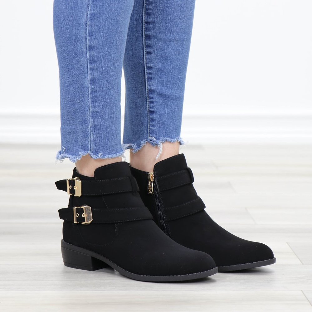 Black Velvet Ankle Boots Gold Buckles Booties - Picture 2 of 13